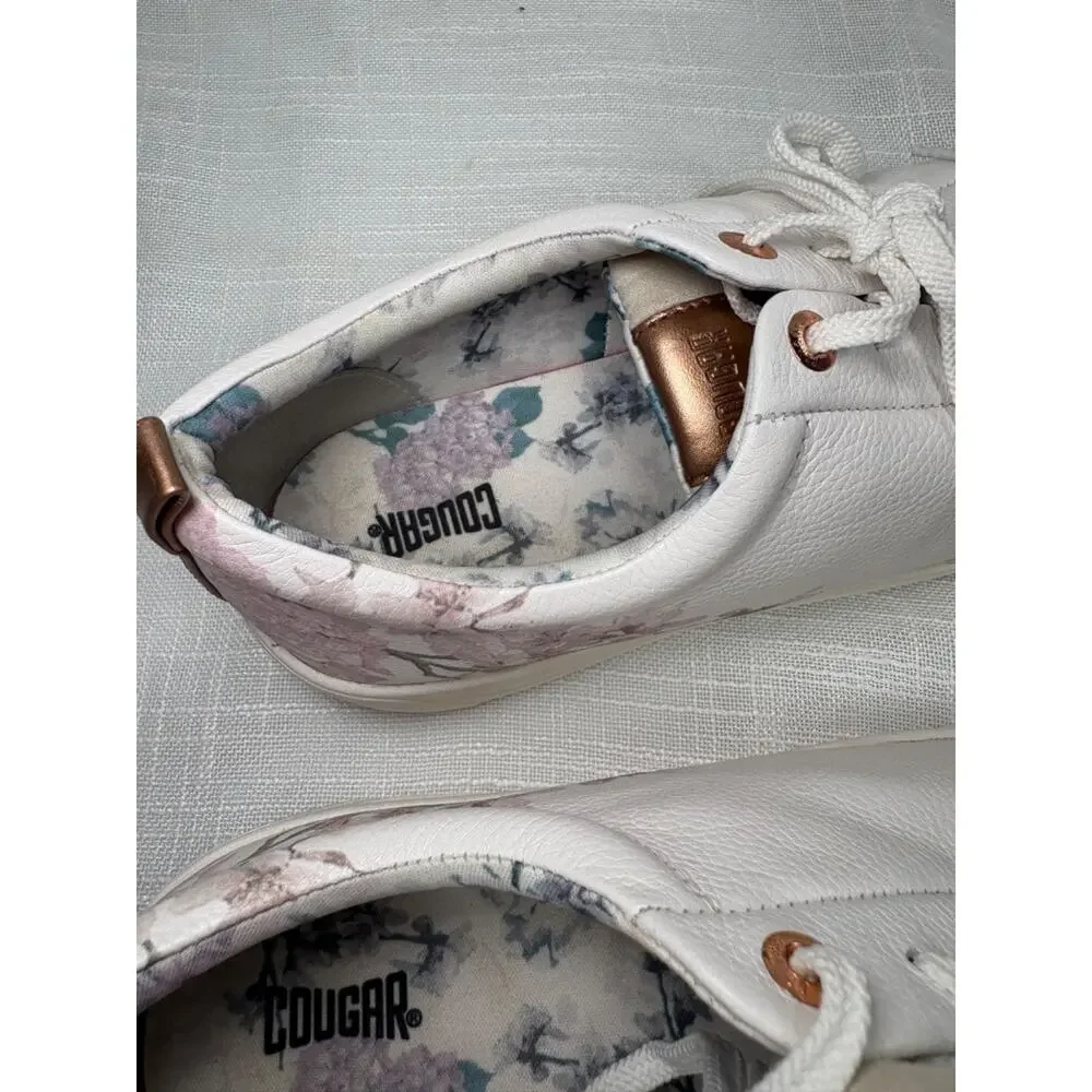 COUGAR BLOOM Leather Tennis Shoe Sneakers Sz 10 Floral Cherry Blossoms White